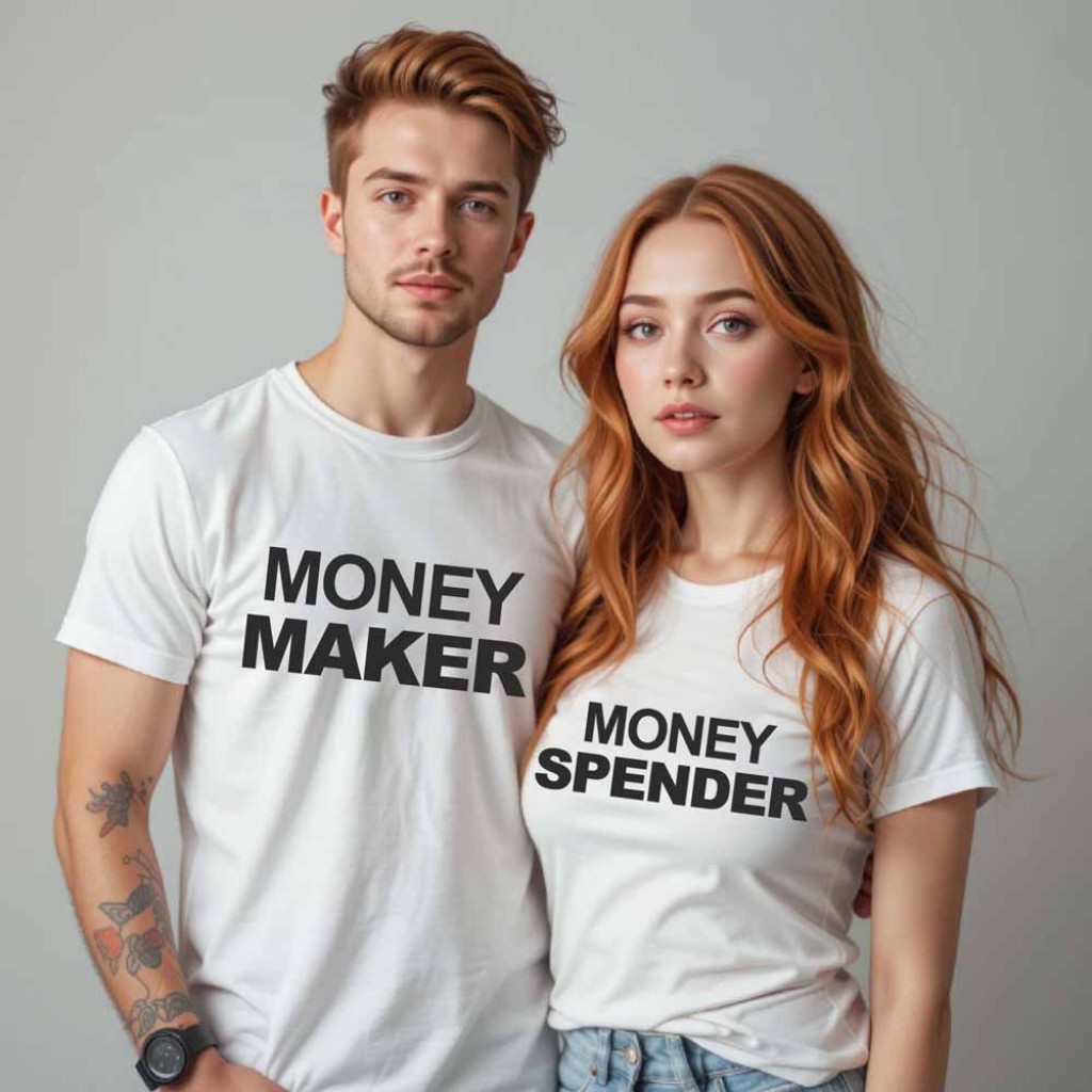 Párová trička s potiskem Money Maker a Money Spender Párová trička s potiskem Money Maker a Money Spender